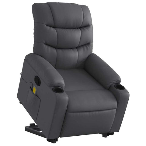 vidaXL Stand Up Power Lift Recliner Chair - Gray Faux Leather Massage Armchair with Cup Holders, Manual Recline for Living Room