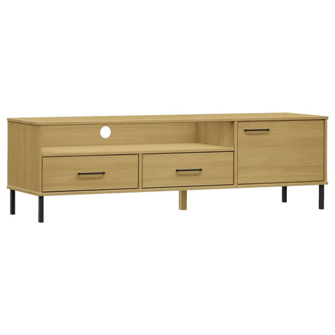 vidaXL Solid Pine Wood TV Stand with Metal Legs - Industrial Style Media Console with Storage Compartments - ic Brown Media Unit with Drawers and Door - Oslo Series
