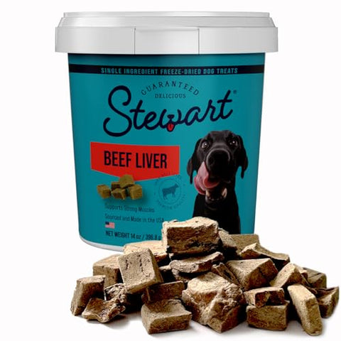 Stewart Beef Liver Dog Treats, 14 oz, ~315 Pieces, Freeze Dried Raw, Single Ingredient, 50% Protein Training Treats or Meal Topper in a Resealable Tub, Grain Free, Gluten Free