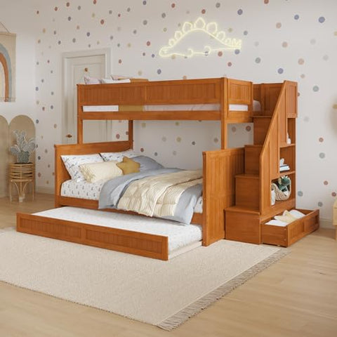 Dover Twin over Full Staircase Bunk Bed with Storage Drawer and Twin Trundle in Light Toffee