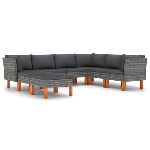 vidaXL 8 Piece Patio Lounge Set with Cushions - Durable, Outdoor, Weather- with PE Rattan and Solid Eucalyptus Wood Legs - Gray Patio Sofa Set for Garden, Farmhouse Style