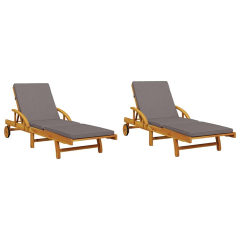 vidaXL Acacia Wood Patio Sun Loungers with Cushions - Adjustable Backrest and Pull-Out Table for Outdoor/Garden/Deck, Brown/Dark Gray