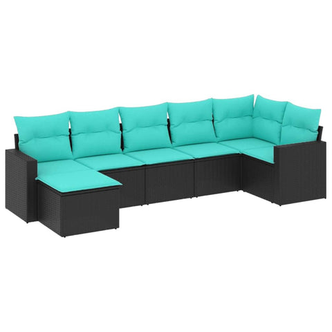 vidaXL 7-Piece Patio Sofa Set with Cushions - Black Poly Rattan, Blue Fabric - Modular Outdoor Furniture for Garden/Deck/Backyard