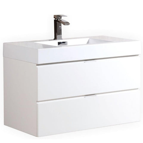 Oakestry Bliss 36 Inch Wall Mounted Bathroom Vanity High Gloss White Finish Modern Floating Cabinet with Integrated Ceramic Sink and Soft Close Drawers for Medium and Large Bathrooms