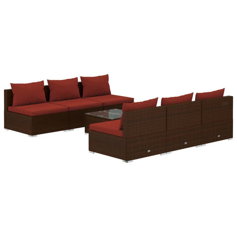 vidaXL Lounge Set for Patio, 7 Piece Outdoor Furniture Set, PE Rattan Wicker with Cushions, Poly Rattan Brown, Includes Coffee Table and Six Middle Sofas - Ideal for Garden, Poolside, Backyard
