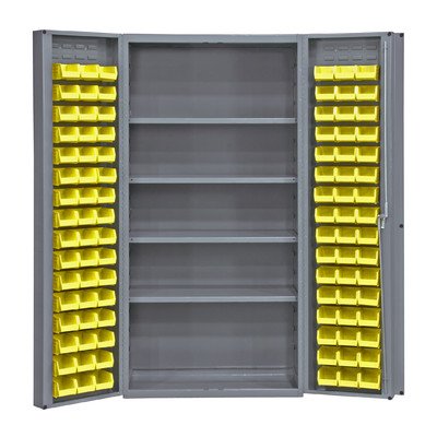 Heavy Duty Cabinet 14 Gauge 36 x 24 x 72 4 Adjustable Shelves 96 Yellow Bins 4 Inch Deep Box Doors with Louvered Panel Lockable Chrome Handle with Keys Gray