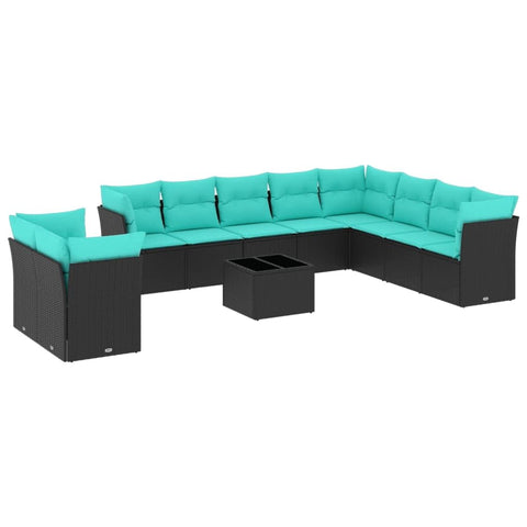 vidaXL Patio Sofa Set with Cushions 11 Piece, Sectional Sofa with Glass Table, Outdoor Conversation Set, Modern Style, Black Poly Rattan