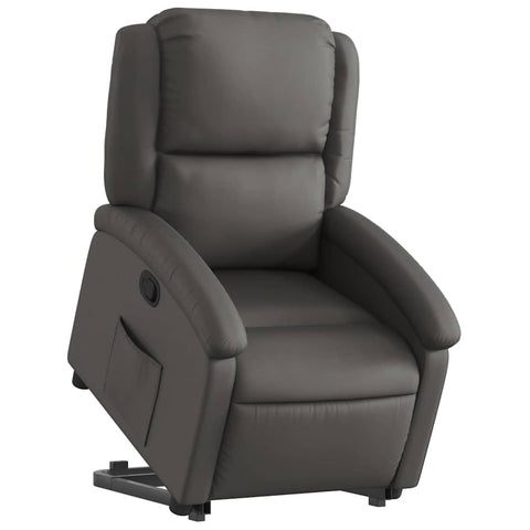 vidaXL Stand Up Power Lift Recliner Chair - Electric Motor, Manual Recline, Gray Real Leather, Comfortable Armchair with Storage Pocket for Living Room