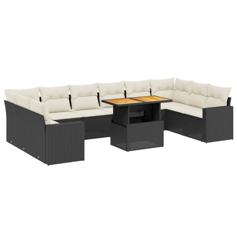 vidaXL 11 Piece Modular Garden Sofa Set with Cushions Black Poly Rattan and Cream Outdoor Patio Furniture Lounge Sectional Conversation Modern Weather Resistant