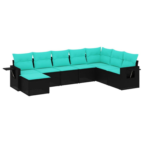 vidaXL Patio Sofa Set with Cushions - Outdoor 8 Piece Black Poly Rattan Furniture, with Foldable Side Tables, Modular Design, Easy to Clean