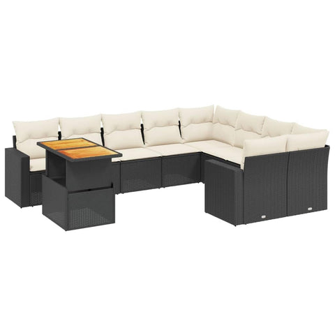 vidaXL 10 Piece Patio Sofa Set with Cushions Black and Cream | Outdoor Lounge Furniture Weather Resistant Poly Rattan Modular Design Convertible Table Sectional for Large Seating