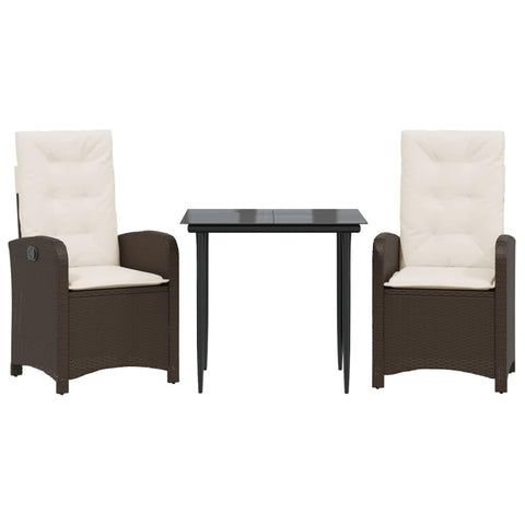 vidaXL 3 Piece Patio Dining Set - Poly Rattan, Adjustable Reclining Chairs, Cushioned, Brown
