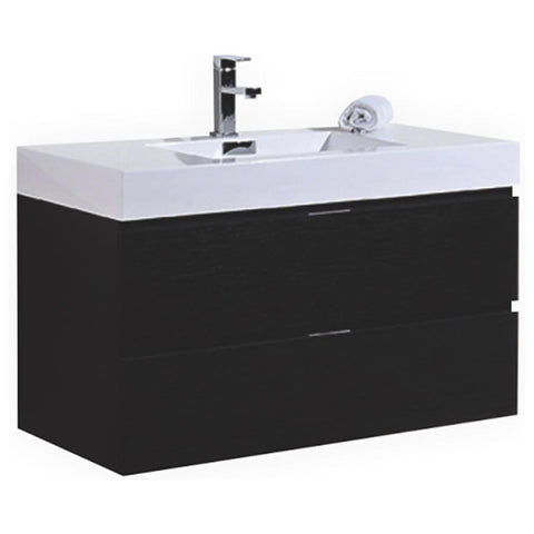 Oakestry Bliss 40 Inch Wall Mounted Bathroom Vanity Black Wood Finish Modern Floating Cabinet with Integrated Ceramic Sink and Soft Close Drawers for Large and Medium Bathrooms