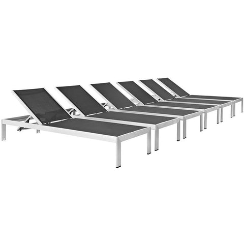 Modway Shore Aluminum Textilene® Mesh Outdoor Patio Six Poolside Chaise Lounge Chairs in Silver Black