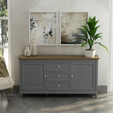 Oakestry Chenon Sideboard Grey and Brown Solid Teak Wood Buffet Cabinet Modern Storage Console Handcrafted Dining Room Furniture with Drawers and Shelves Durable Side Cabinet for Living Room Decor