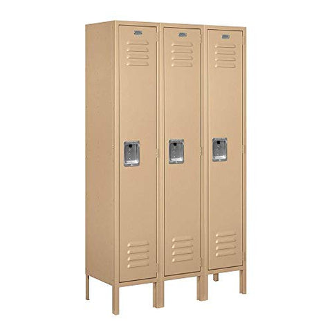 Salsbury Industries Assembled 1-Tier Standard Metal Locker with Three Wide Storage Units, 5-Feet High by 12-Inch Deep, Tan
