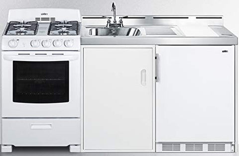 Summit 72" All-in-One Kitchenette with Gas Range, Refrigerator-Freezer, Sink, White- ACK72GASW