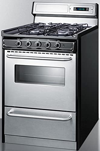 Summit Appliance TTM6307BKSW 24" Wide Gas Range in Stainless Steel with Sealed Burners, High Backguard, Clock/Timer, Oven Window, Towel Bar Handles and Electronic Ignition