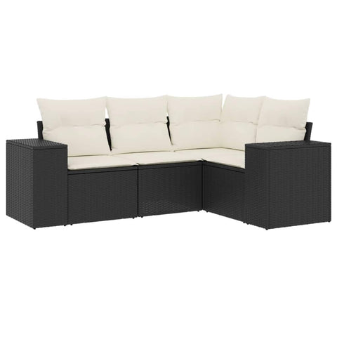 vidaXL 4 Piece Garden Sofa Set with Cushions in Black and Cream | Durable Modular Design Outdoor Indoor Seating UV Water Resistant Materials Lounge Patio Poly Rattan PE Sectional for Furniture