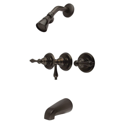 Kingston Brass KB238AL Tub and Shower Faucet with 3-Lever Handles, Satin Nickel,5-Inch Spout Reach