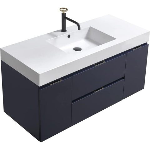 Oakestry Bliss 48 Inch Wall Mounted Bathroom Vanity Blue Finish Modern Floating Cabinet with Integrated Ceramic Sink and Soft Close Drawers for Medium and Large Bathrooms