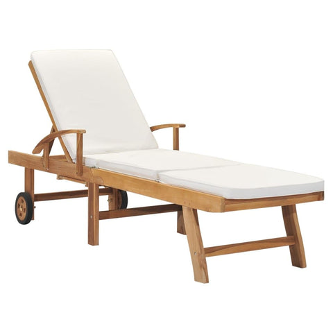 vidaXL Adjustable Solid Teak Wood Sun Lounger with Cream Cushion and Convenient Pull-Out Table - Ideal for Garden, Patio, Pool Deck