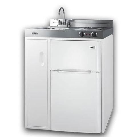 30 inch wide all-in-one kitchenette with 2-burner 115V coil cooktop, refrigerator-freezer, sink, and storage cabinet
