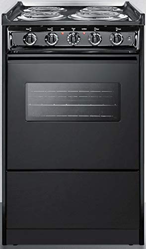 Summit Appliance TEM110CRW 20" Wide Slide-In Electric Range in Black with Oven Window, Light and Lower Storage Compartment, Chrome Drip Pans, Waist-High Broiler, Porcelain Construction
