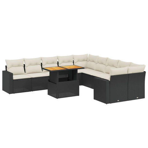vidaXL 11 Piece Garden Sofa Set with Cushions Weather Resistant UV Poly Rattan Modular Sectional Modern for Patio and Backyard Entertaining Black Cream Outdoor Lounge Furniture Conversation
