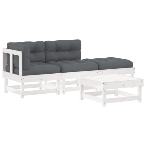 vidaXL Solid Pine Wood Patio Lounge Set - White, Outdoor Furniture with Cushions, Modular 4PC, Suitable for Garden/Terrace