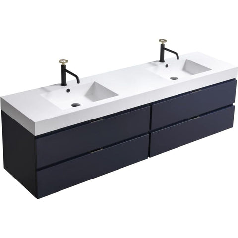 Oakestry Bliss 72 Inch Wall Mounted Bathroom Vanity Blue Finish Modern Floating Cabinet with Double Integrated Ceramic Sinks and Soft Close Drawers for Large Bathrooms