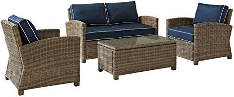 Bradenton 4Pc Wicker Outdoor Loveseat Patio Furniture Set Navy/Weathered Brown - Loveseat, Coffee Table, & 2 Arm Chairs