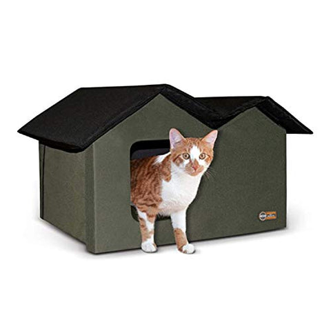 K&H Pet Products Extra-Wide Outdoor Cat House for Outside Pets, Weatherproof Outdoor House for Large Cats, Insulated Kitty Shelter, 2 Doors, Waterproof Removable Floor Pad, Unheated - Olive