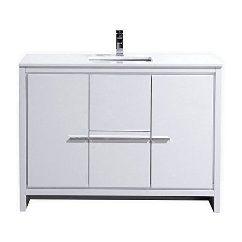 KubeBath Dolce 48? Single Sink High Gloss White Modern Bathroom Vanity with White Quartz Counter-Top
