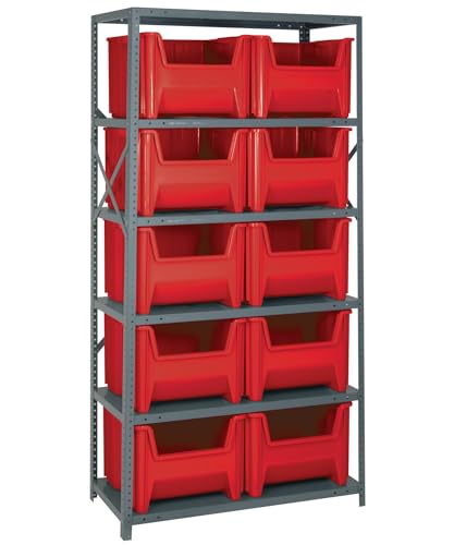 Quantum Storage Systems QSBU-800RD Solid Heavy Duty 6 Shelves 10 Giant Stack Red Bins 75" H x 36" W x 18" D