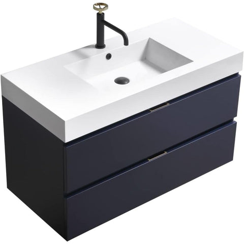 Oakestry Bliss 40 Inch Wall Mounted Bathroom Vanity Blue Finish Modern Floating Cabinet with Integrated Ceramic Sink and Soft Close Drawers for Medium and Large Bathrooms