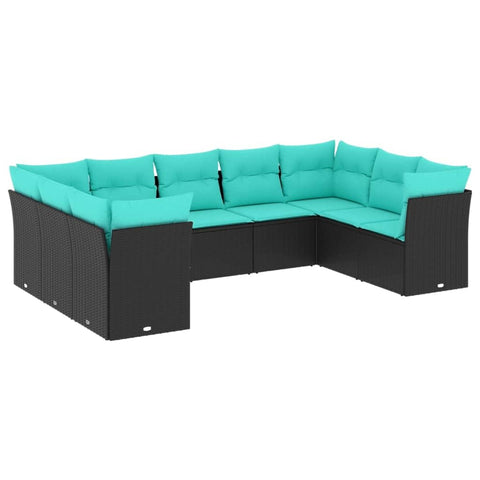 vidaXL Patio Sofa Set with Cushions - Black Poly Rattan Outdoor Furniture - 9 Piece Modular Garden Lounge Set - Weather - Comfortable Blue Cushions - Easy Maintenance - Flexible Design