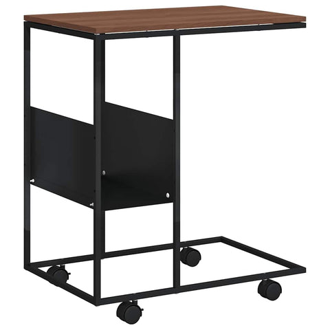 vidaXL Black Engineered Wood C-Shaped Side Table with Wheels and Additional Shelf, Blends with Industrial and Modern Decor