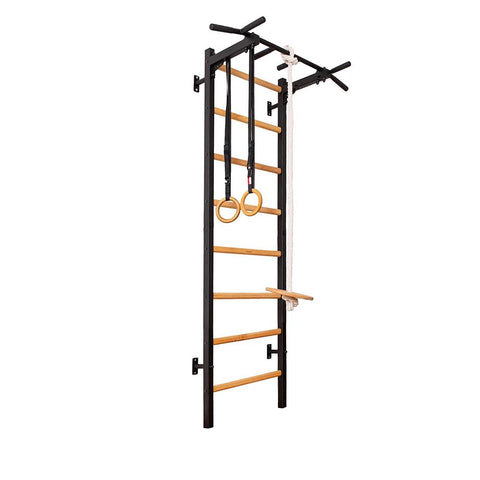 BenchK 221B+A076 Wallbars, Stall Bars, Swedish Ladder, Gymnastic Ladder with Fixed Steel 6-Grip Pull Up Bar, Gymnastic Rings, Rope and Swing, Wall Mounted for Suspension and Strength Training
