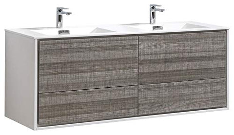 Kube DL60D-HGASH DeLusso 60" Double Sink Ash Gray Wall Mount Modern Bathroom Vanity