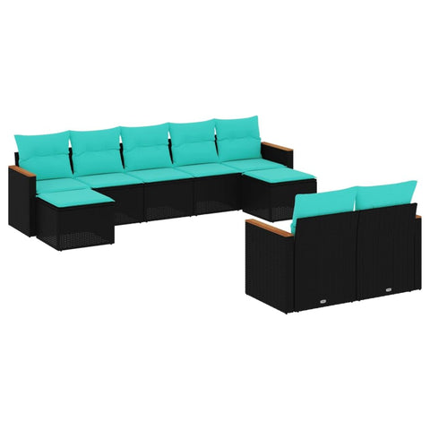 vidaXL Patio Sofa Set with Cushions 9 Piece, Outdoor Conversation Set, Sectional Sofa for Balcony Garden, Modern Style, Black Poly Rattan