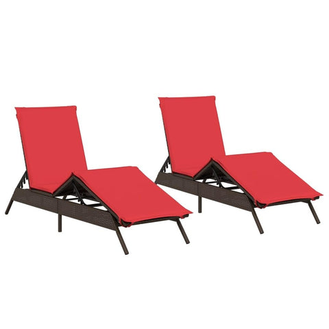 vidaXL Modern Patio Sun Lounger Set 2 Pcs Adjustable Brown Cushioned with Removable Covers Outdoor Furniture for Garden and Balcony Lounge Chair Cushion Reclining Chaise Poly Rattan Sunbed