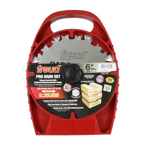 Freud 6" Pro Dado Set with Tico Hi-Density Carbide for Flat Bottom Grooves - Includes 2 Blades, 3 Chippers, Spacers, Shim Set & Carrying Case, Negative Hook Angle - SD206