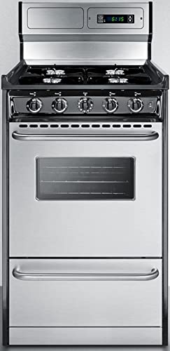 Summit Appliance TNM1307BKW 20" Wide Gas Range in Stainless Steel with Open Burners, Oven Window, High Backguard, Clock/Timer, Broiler Pan, Adjustable Oven Racks and Electronic Ignition