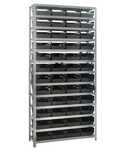 Quantum Storage Systems 1875-108BK Steel Shelving Unit with 4" Shelf Bins, 18" D x 36" W x 75" H, Black