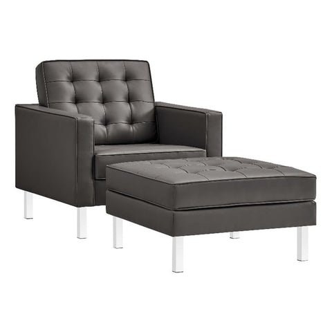 Modway Loft Tufted Vegan Leather Upholstered Living Room 2-Piece Armchair and Ottoman Set in Silver Gray