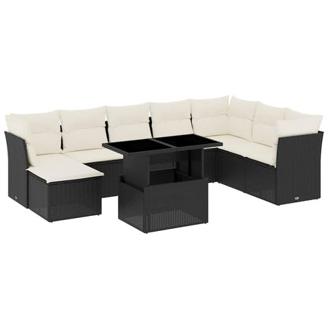 vidaXL Patio Sofa Set with Cushions 9 Piece, Garden Lounge Set, Outdoor Conversation Set, Sectional Sofa for Garden, Modern Style, Black Poly Rattan