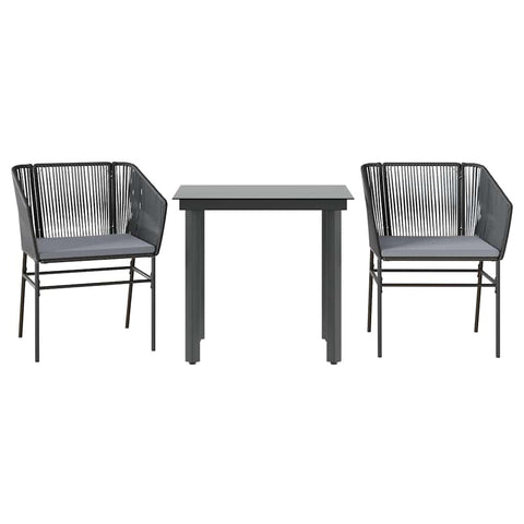 vidaXL 3-piece Patio Dining Set with Cushions - Black Rattan Furniture for Outdoor Garden, Backyard, or Patio with Tempered Glass Tabletop and Durable Steel Frame