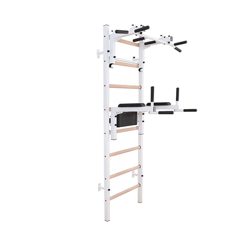 BenchK 232W Multifunctional Wallbars, Stall Bars with Convertible Multigrip Pull Up Bar That can Also be Used as a Barbell Holder, Dip Bar, Dip Station with Polyurethane Back Support for Sports