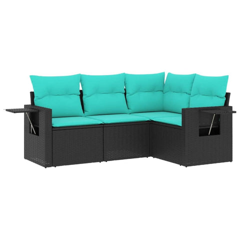vidaXL Patio Sofa Set - 4 Piece Black PE Rattan Outdoor Furniture with Cushions for Garden, Terrace, Deck - Weather-, Modular Design, Foldable Side Tables